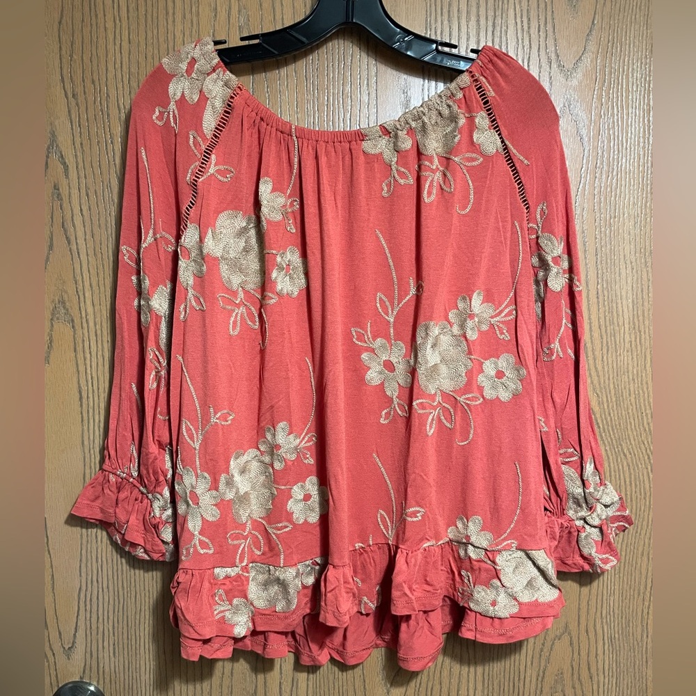 Orange Embroidered Floral Off-The-Shoulder Blouse